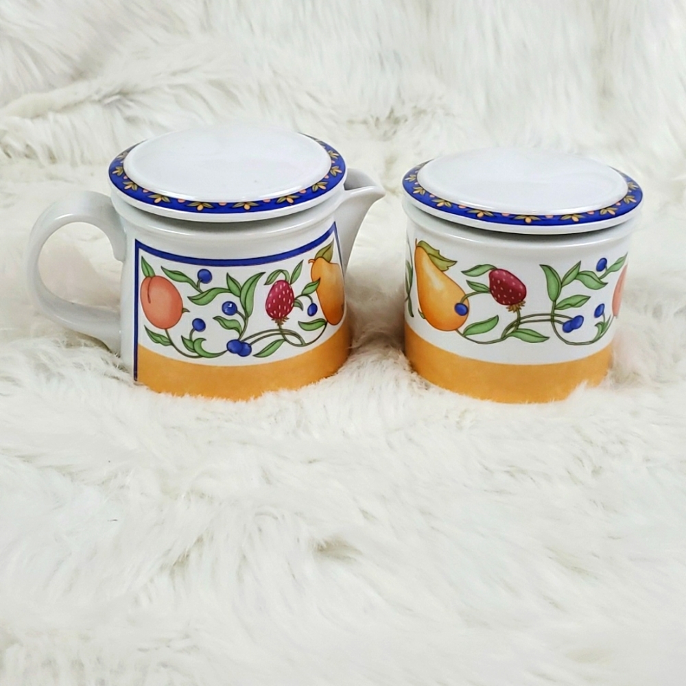 Dansk Fiance Fruits Covered Sugar Bowl & Cream Pitcher Set Stoneware Serving Set